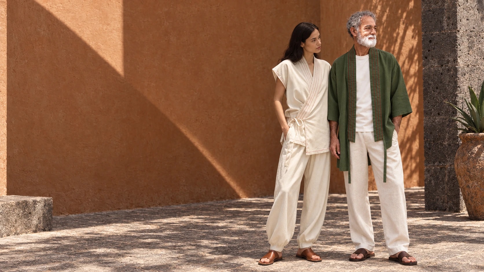 Dos personas con prendas Sereno en crudo y verde oliva, bajo el sol frente a un muro de terracota