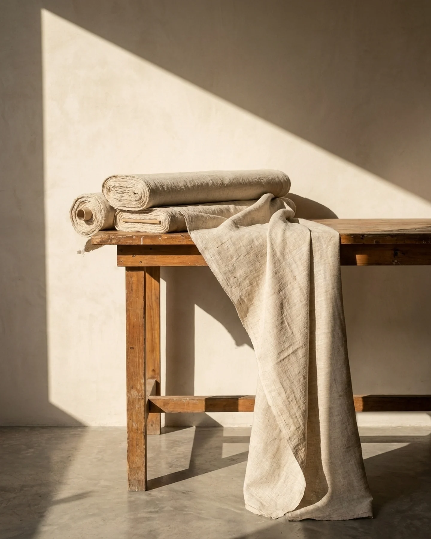 Rollos de lino crudo sin teñir sobre una mesa de madera, con el sol entrando de lado