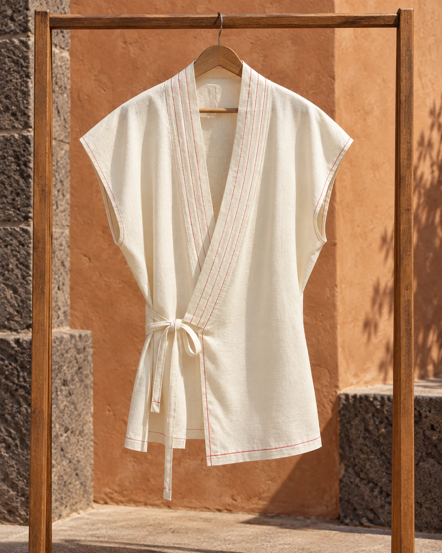 Kimono Paris en crudo con bordado rojo, de frente, sola