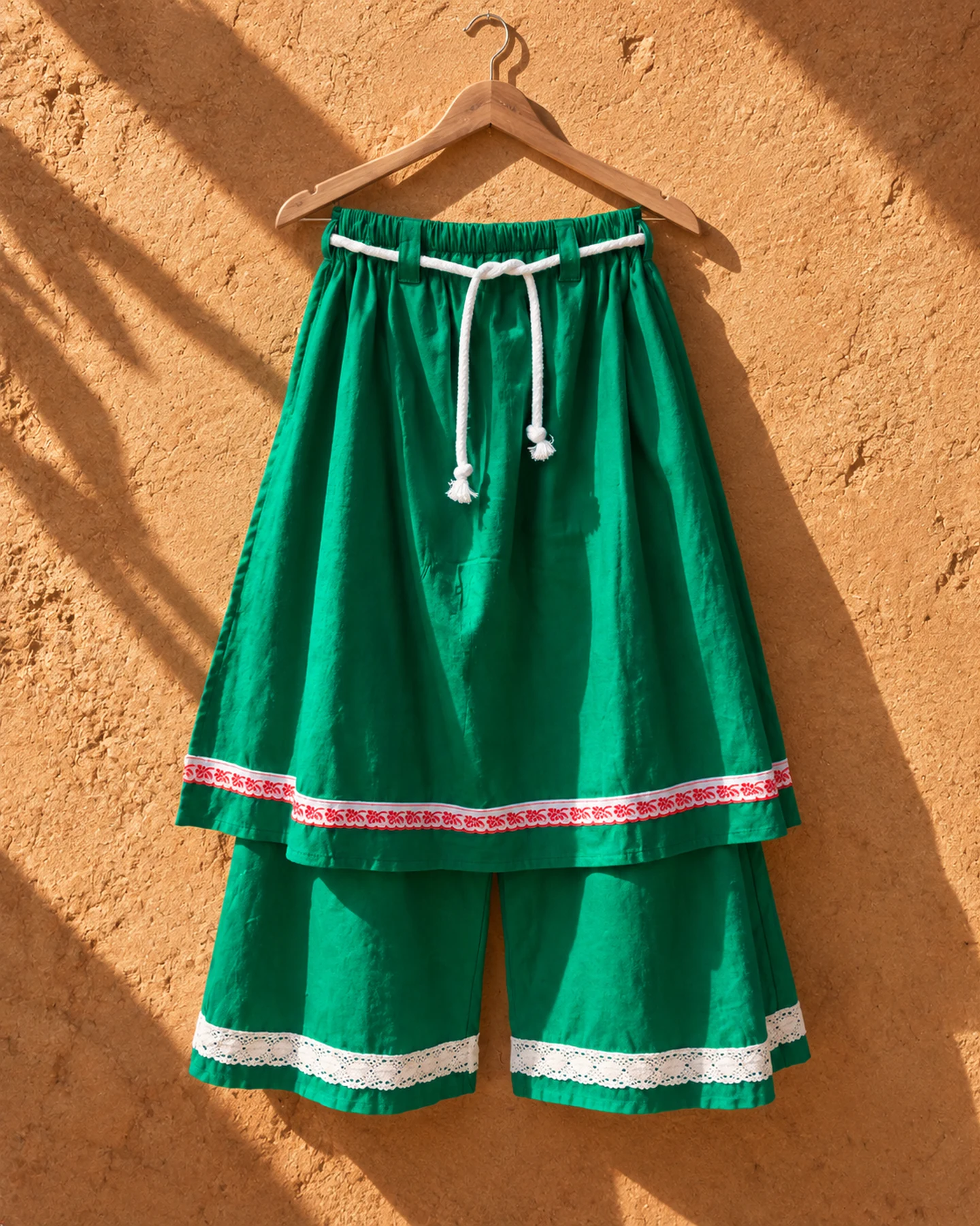 Pantalón Playa Bonita en verde con bordado blanco, de frente, sola