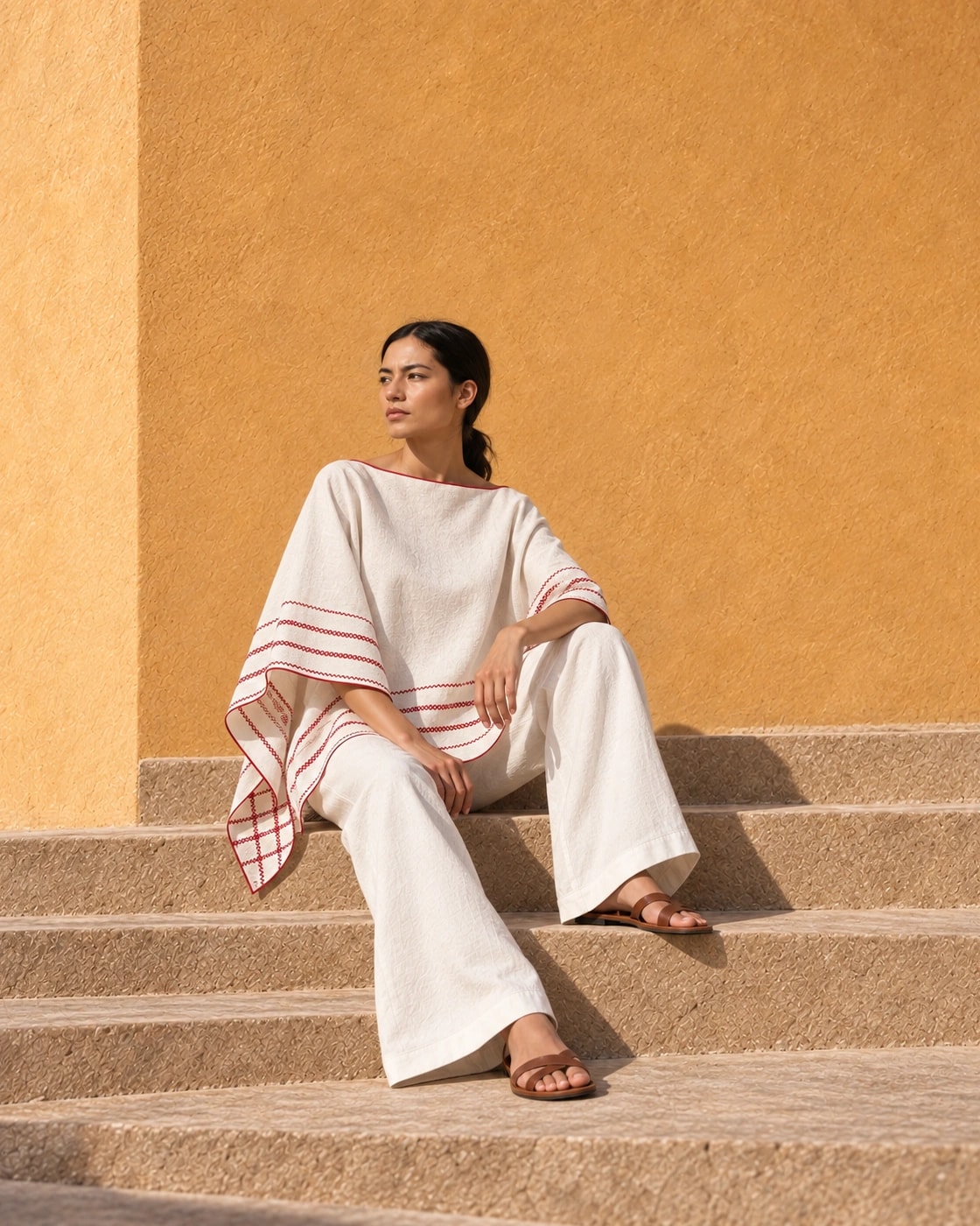 Poncho Marbella de lino en crudo con bordado rojo, editorial
